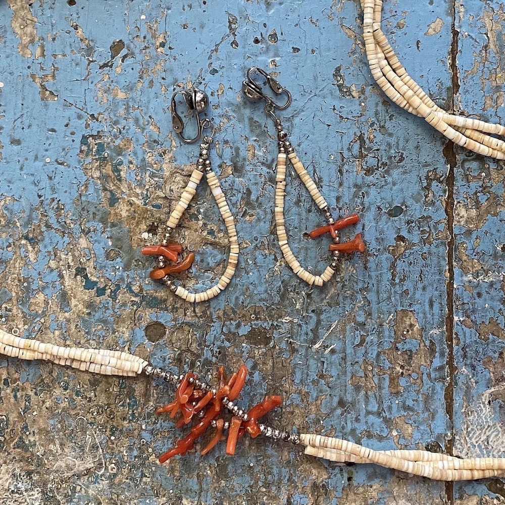 Vintage stick branch coral, seed bead, and silver necklace and earring set